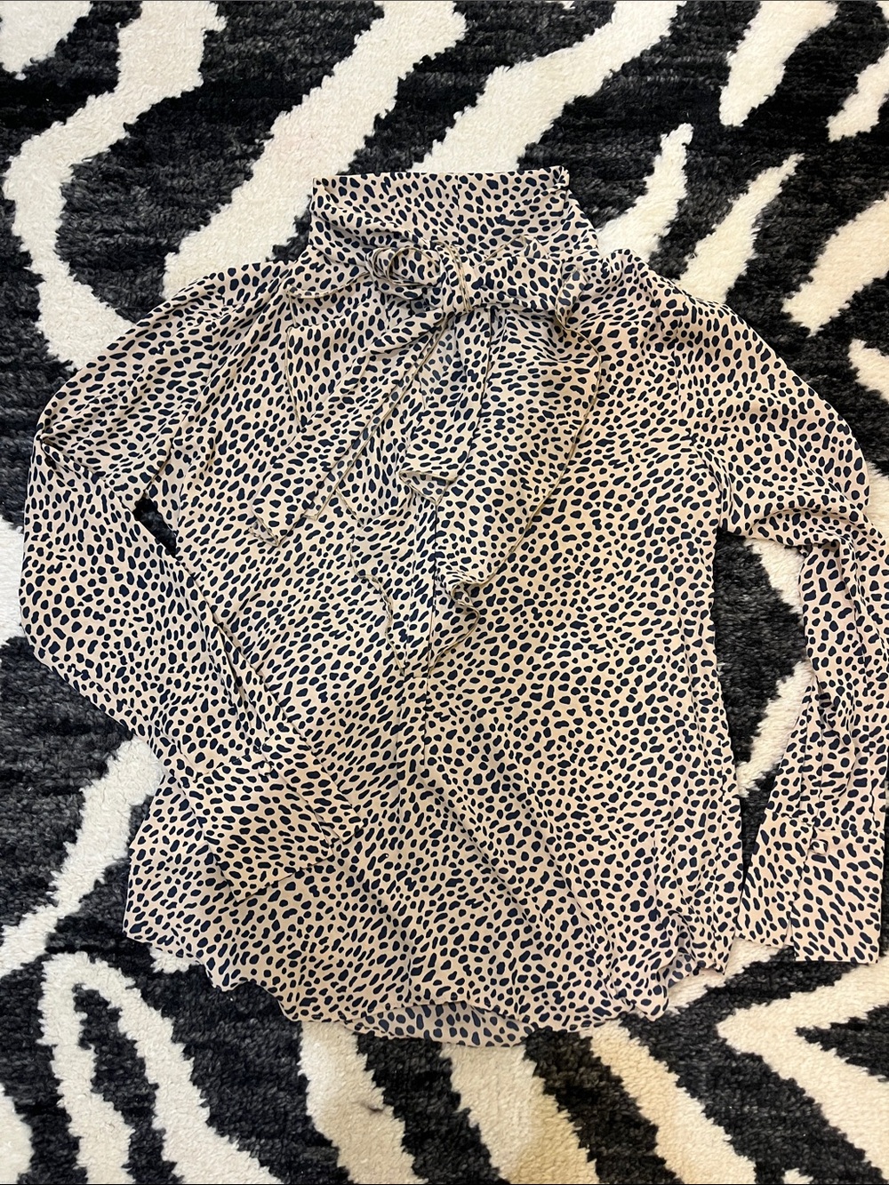 Ann Taylor Beige and Black Printed Tie-Neck Blouse